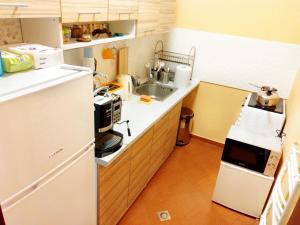 a kitchen with a white refrigerator and a sink at Къща за Гости Lavender Lozen in Lozen