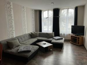 salon z kanapą i telewizorem w obiekcie Spremberger City Ferienwohnung w mieście Spremberg