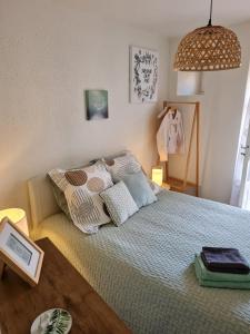 Un dormitorio con una cama con almohadas. en Gîte "Côté Terre", avec piscine chauffée en La Roche-sur-Yon