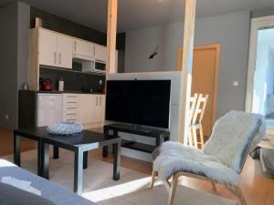 sala de estar con TV, mesa y sillas en Apartmán Pinus, en Donovaly