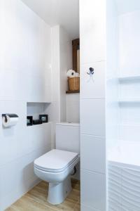 a white bathroom with a toilet and a sink at Chata Litwor in Bukowina Tatrzańska