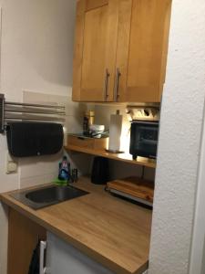 eine Küche mit einer Spüle und einer Mikrowelle in der Unterkunft Ferienwohnung Tiny in Dresden