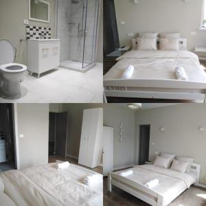 4 fotos de un dormitorio con cama y baño en CASA OFRIM, Bârsana, Maramureș, en Bîrsana