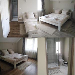 4 fotos de un dormitorio con 2 camas y espejo en CASA OFRIM, Bârsana, Maramureș, en Bîrsana
