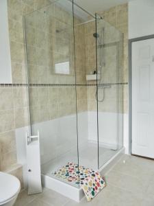 a shower with a glass door in a bathroom at 'Harbour View' on the river by Gorleston's award winning beach - Pet free! in Gorleston-on-Sea
