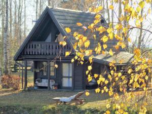 eine Blockhütte mit einer Veranda und einem Baum in der Unterkunft Wieża marzeń in Dąbrowa Grodzieńska-Wieś
