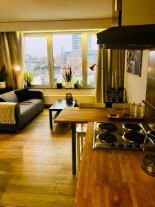 a living room with a stove and a couch at Studio Antwerp Central Station in Antwerp