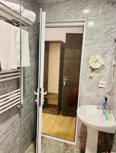 uma casa de banho com um chuveiro, um lavatório e um espelho. em HOTEL KAZBEGI 1963 em Kazbegi