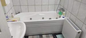 a bathroom with a white tub and a toilet at Apartament cu 2 dormitoare și terasa Valentin, Iulius Mall in Timişoara +25 photos