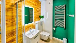 希维拉杜夫-兹德鲁伊Apartament Kwiatowy - 5D Apartamenty的一间带水槽、卫生间和绿色墙壁的浴室 更多9张照片