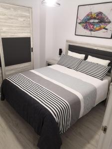 El Rincón de Moreno في Munébrega: غرفة نوم بسرير كبير بخطوط سوداء وبيضاء