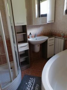 a bathroom with a sink and a toilet and a tub at GOLDENVENDÉGHÁZ in Balatonszabadi