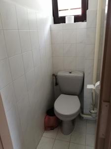 a white bathroom with a toilet and a window at GOLDENVENDÉGHÁZ in Balatonszabadi