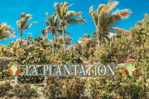 a sign for the las plantationacion sign in front of palm trees at Hotel La Plantation in Orient Bay