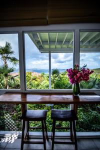 Enighed的住宿－Papaya Suite at Sunset Serenade，花瓶坐在窗前的桌子上
