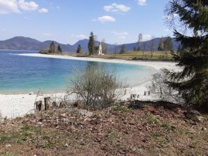 a view of a beach with blue water and trees at Ferienwohnung mit wundervollen Bergblick in Lenggries +17 photos