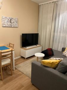 Cozy centre apartament Kuopio في كوبيو: غرفة معيشة مع أريكة وتلفزيون بشاشة مسطحة