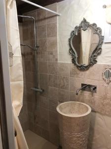 a bathroom with a shower with a sink and a mirror at La maisonnette de Cancan in Mont-près-Chambord