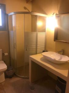 ein Bad mit einem Waschbecken und einer Glasdusche in der Unterkunft Πέτρινη κατοικία στην Αίγινα - Stone House in Aigina in Khlóï