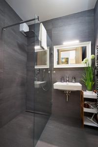 a bathroom with a glass shower and a sink at RV Apartment Jantár in Starý Smokovec