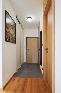 a hallway with a door and a painting on the wall at RV Apartment Jantár in Vysoke Tatry - Stary Smokovec