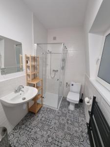 uma casa de banho com um chuveiro, um lavatório e um WC. em Snow Queen em Szklarska Poręba