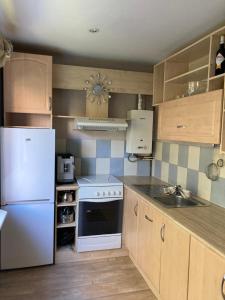 a kitchen with a white refrigerator and a sink at Find for the traveler in Tallinn