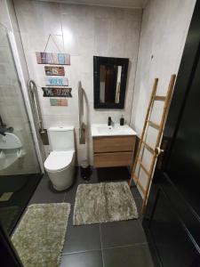 a bathroom with a toilet and a sink and a mirror at Apartment by the Beach Praia da Areia Branca in Lourinhã +45 photos