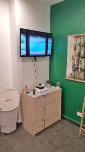 a room with a tv on a green wall at Suite Jacuzzi Privatif Plage Des Catalans in Marseille