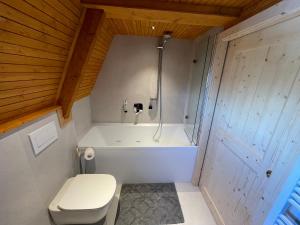 La salle de bains est pourvue d'une baignoire blanche et de toilettes. dans l'établissement Chalet Biancaneve - Alpe Cermis Cavalese, à Cavalese