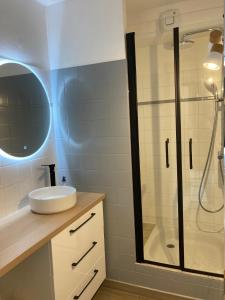 een badkamer met een wastafel en een douche bij Superbe appartement restauré avec vue sur mer. in Wimereux