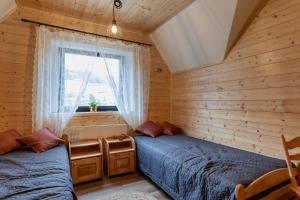 a bedroom with two beds and a window at PUSTELNIA WODZA in Wisła