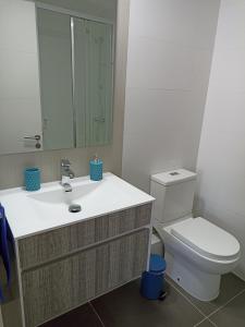 a bathroom with a sink and a toilet and a mirror at Departamento full a pasos de la playa in Viña del Mar