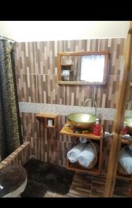 een kleine badkamer met een wastafel en een spiegel bij Mesmerize Guest House in Port Antonio