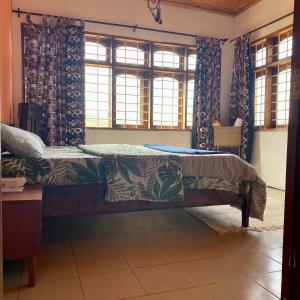 Un dormitorio con una cama y dos ventanas. en Hidden Valley Backpackers, en Iringa