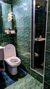 La salle de bains est pourvue de carrelage vert, de toilettes et d'une douche. dans l'établissement Saint Jean Cap Ferrat, à Saint-Jean-Cap-Ferrat