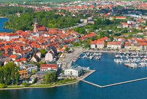 an aerial view of a harbor with boats in the water at Ferienwohnung Familie Leinweber in Waren +4 photos
