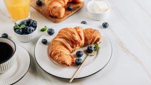 a white plate with a croissant and blueberries on a table at Hotel Verdeneve in Opi