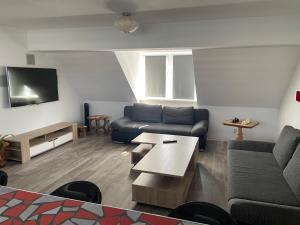 ein Wohnzimmer mit einem Sofa und einem Tisch in der Unterkunft Richter Apartments Finsterwalde in Finsterwalde