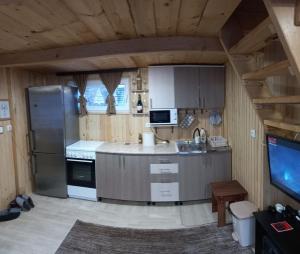 uma cozinha com um frigorífico e uma bancada em kucica na vodi drinski snovi em Mali Zvornik