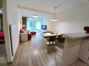 a kitchen and living room with a table and chairs at LB2 Seeappartement Haus Landskron direkt am Ossiachersee in Landskron