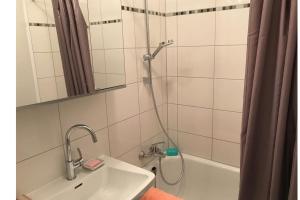 a bathroom with a shower with a sink and a tub at Ferienwohnung Watzmannblick & Hallenbad in Berchtesgaden +9 photos