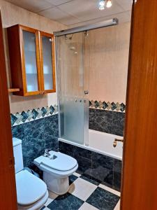 a bathroom with a toilet and a glass shower at 4AgostoPlace in Zaragoza