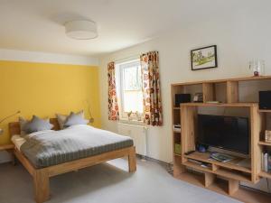 Schlafzimmer mit einem Bett und einem Flachbild-TV in der Unterkunft Apartment Heller am Hasselkopf in Braunlage