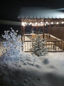 una veranda coperta da neve con un albero di Natale e luci di Konstantine's Chalet a Bakuriani