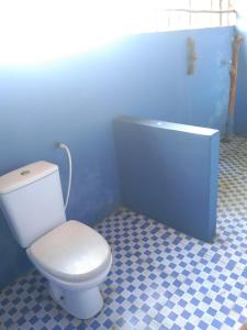 bagno con servizi igienici bianchi in una camera blu di The Alpha Monkey hotel & Tree house a Tangalle