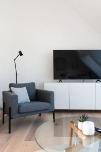 sala de estar con silla y TV en Sophienne Apartments, en Viena