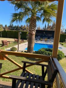un banco de madera junto a una palmera y una piscina en Moya Urla Butik Otel en İzmir