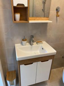 La salle de bains est pourvue d'un lavabo blanc et d'un miroir. dans l'établissement Apartman Anastasija Jezero, à Divčibare