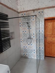 a shower with a glass door in a bathroom at Kamienica Bydgoska in Bydgoszcz
